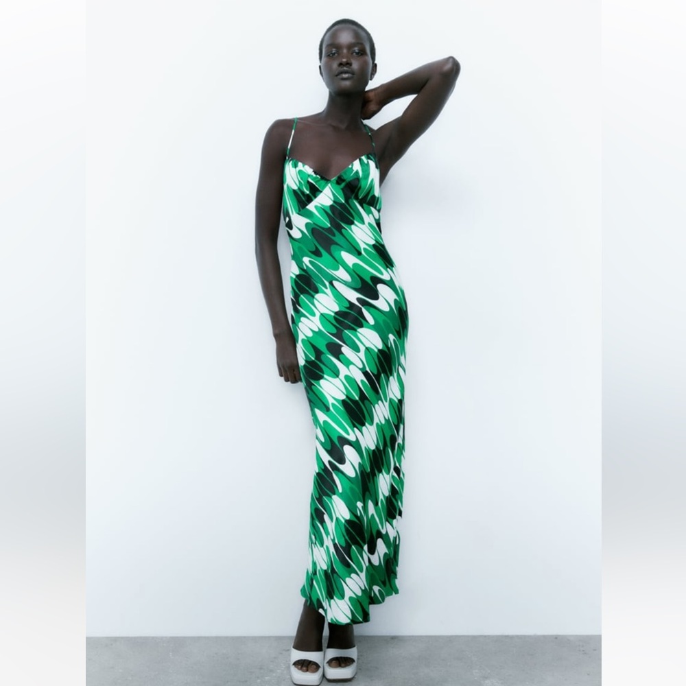 NWT ZARA LINGERIE STYLE PRINT DRESS GREEN/BLACK SIZE XS NWT